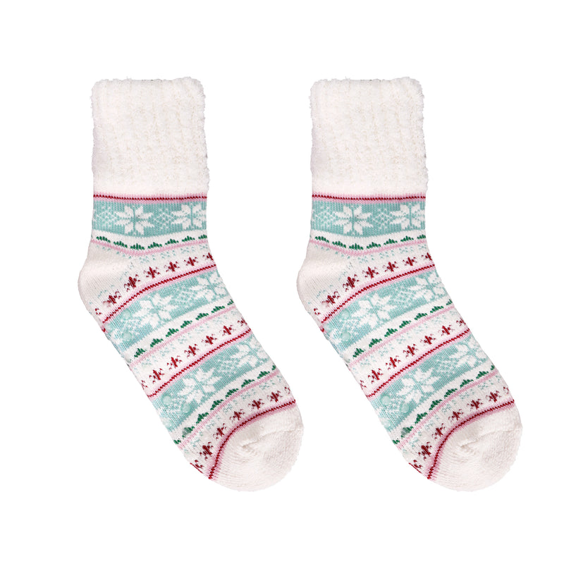 Assorted fuzzy socks in pink, teal, and neutral tones with cocoa mugs and snowflake patterns.