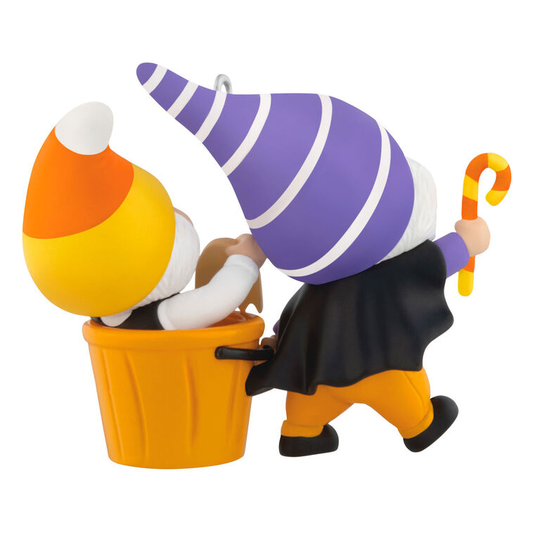 Halloween ornament of two gnomes, one dressed as bat and one with candy corn hat in jack-o&