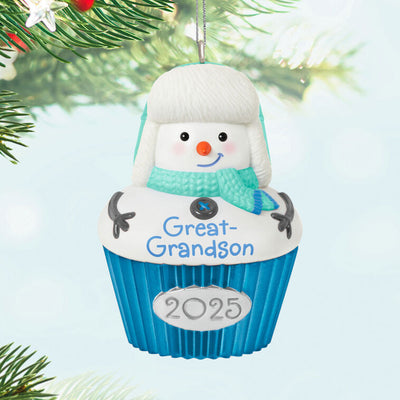 Cupcake-shaped snow-boy ornament with trapper hat and green-blue scarf, year-dated 2025 for great-grandson Christmas gift

