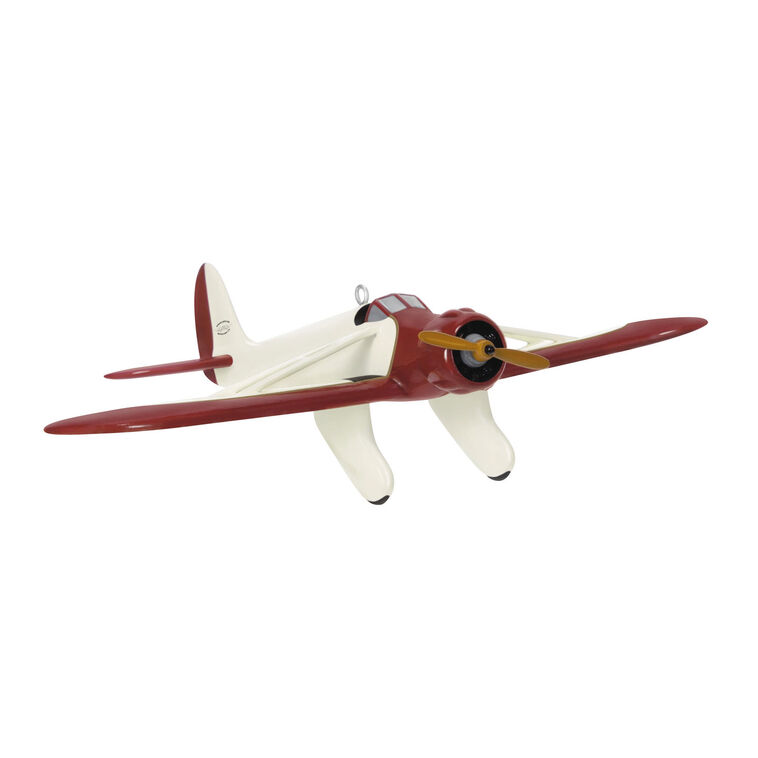 Mini Kinner Sportwing airplane ornament, creamy white with brown accents, spinning propeller, Hallmark Keepsake aviation collectible
