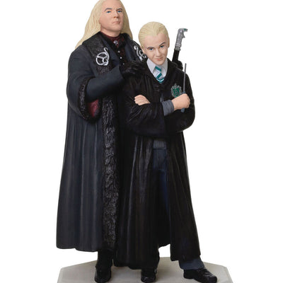 Hallmark Keepsake ornament of Lucius and Draco Malfoy in black robes standing on stone base, light and sound Chamber of Secrets Collection