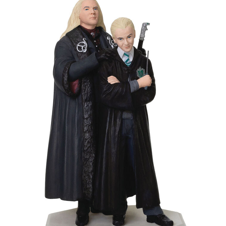 Hallmark Keepsake ornament of Lucius and Draco Malfoy in black robes standing on stone base, light and sound Chamber of Secrets Collection