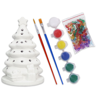 DIY ceramic Christmas tree painting kit with white tree, six paint pots, two brushes, and colorful light bulbs.