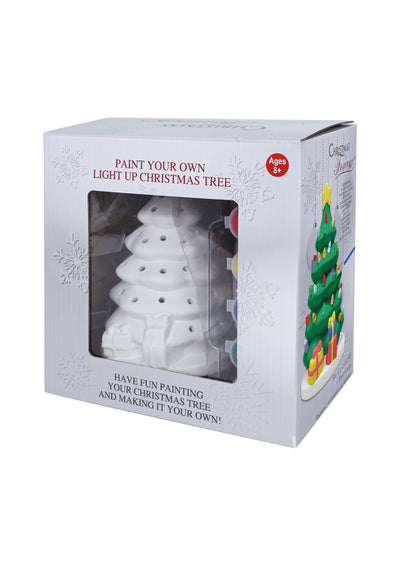 DIY ceramic Christmas tree painting kit with white tree, six paint pots, two brushes, and colorful light bulbs.