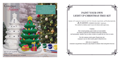 DIY ceramic Christmas tree painting kit with white tree, six paint pots, two brushes, and colorful light bulbs.