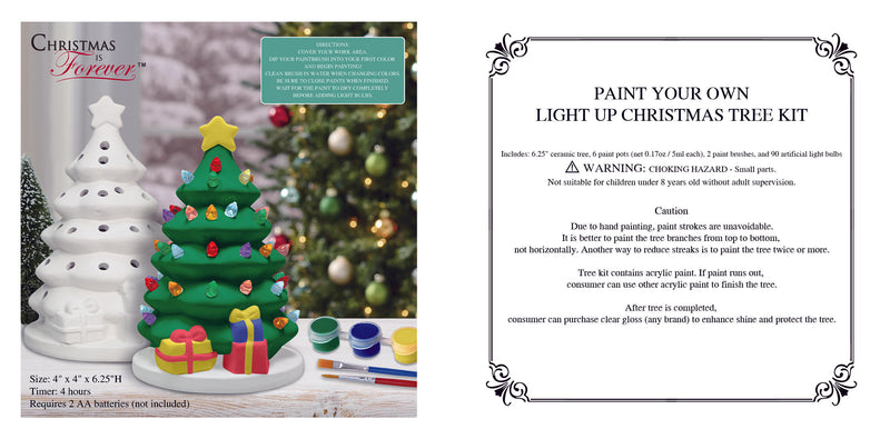 DIY ceramic Christmas tree painting kit with white tree, six paint pots, two brushes, and colorful light bulbs.