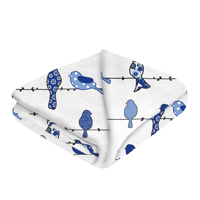 Bluebird themed fleece blanket with floral pattern measuring 50 by 60 inches