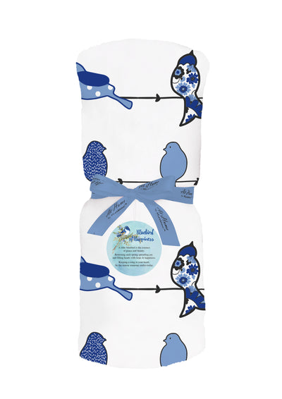 Bluebird themed fleece blanket with floral pattern measuring 50 by 60 inches