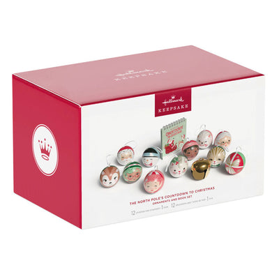 Set of 11 tin ball ornaments and gold jingle bell with North Pole Christmas characters, plus spiral-bound countdown book, Hallmark Keepsake