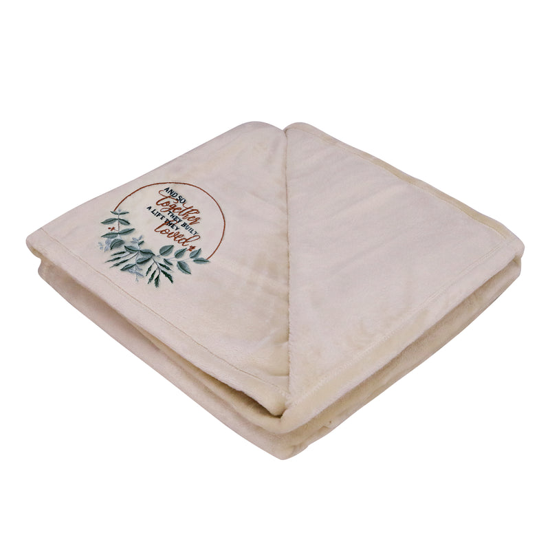 Cozy beige fleece blanket with heartfelt quote and simple design