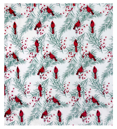 White fleece Sherpa blanket with red cardinals, holly, and pine branches on soft velvety fabric.