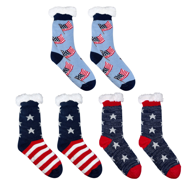Thermal slipper socks in red, white, and blue stars and stripes patterns with fuzzy fleece lining.