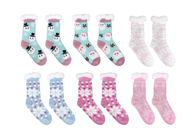 Pastel and holiday-colored thermal slipper socks with Santa, snowmen, and festive patterns, fleece-lined.