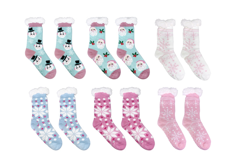 Pastel and holiday-colored thermal slipper socks with Santa, snowmen, and festive patterns, fleece-lined.