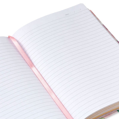 Hardcover journal with purple and pink floral fabric cover, gold-edged pages, and ribbon bookmark.
