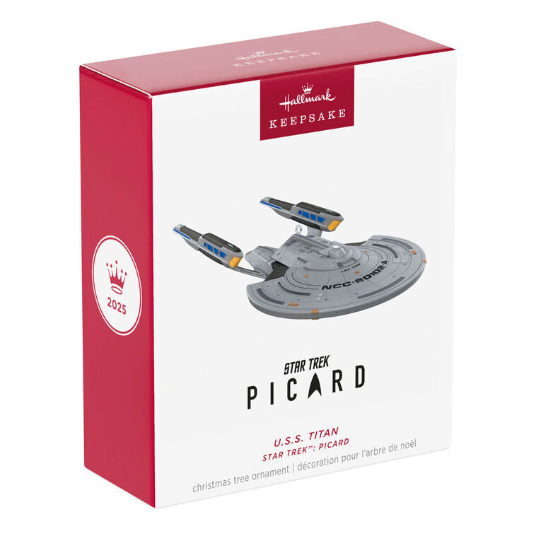 U.S.S. Titan-A starship ornament from Star Trek Picard, Constitution III-class, silver with blue accents, Hallmark collectible
