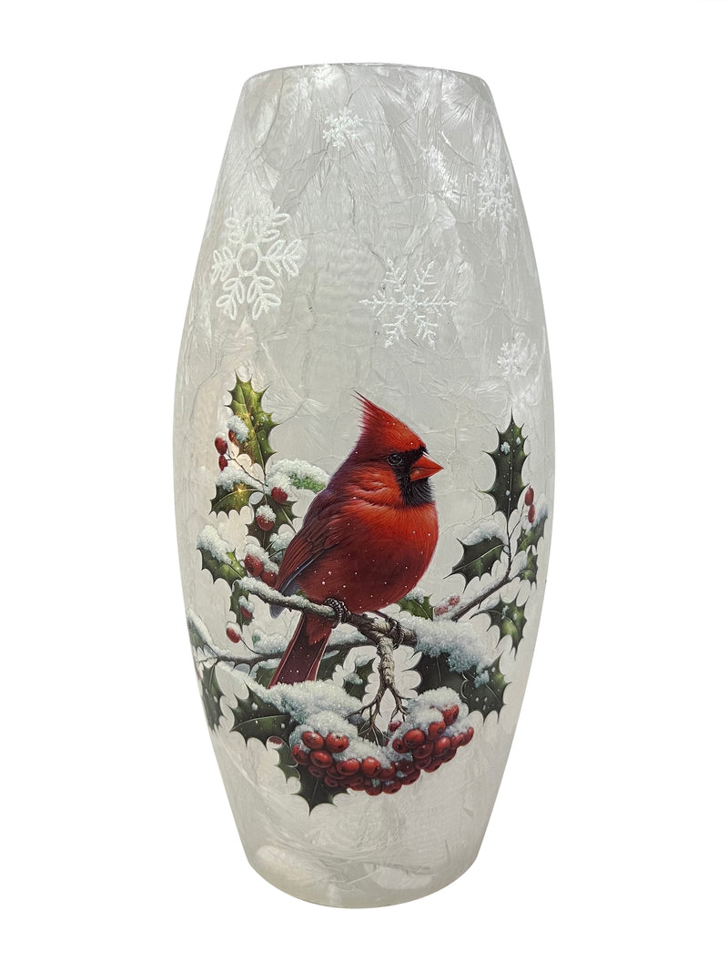 Snowy Cardinal LED Glass Vase 4.5" x 8.9"