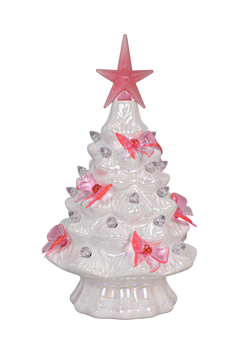 White iridescent ceramic Christmas tree with glowing LED light, topped with a pink star and soft pink bows.
