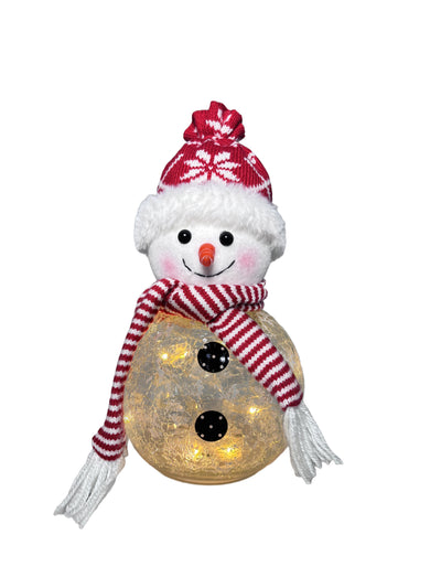 Glass snowman with glowing LED body, red knit hat, and candy cane striped scarf.
