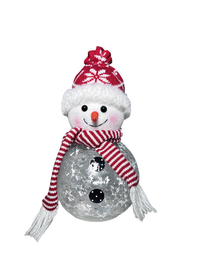 Glass snowman with glowing LED body, red knit hat, and candy cane striped scarf.
