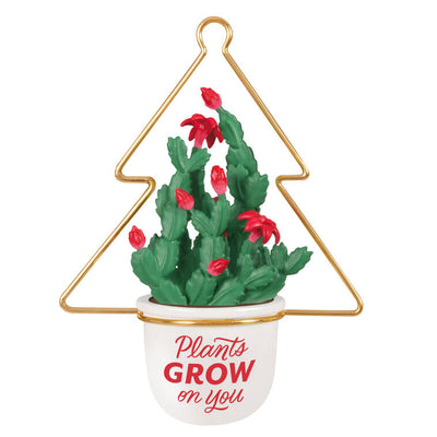 Christmas cactus ornament with red blooms in white planter and gold wire hanger, botanical holiday decor

