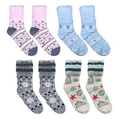 Assorted fluffy socks in Nordic, snowflake, and holiday patterns in pink, blue, grey, and green colors.