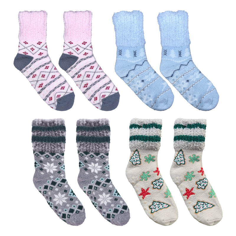 Assorted fluffy socks in Nordic, snowflake, and holiday patterns in pink, blue, grey, and green colors.