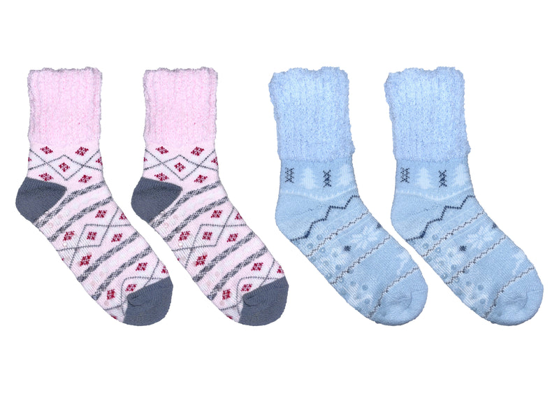 Assorted fluffy socks in Nordic, snowflake, and holiday patterns in pink, blue, grey, and green colors.