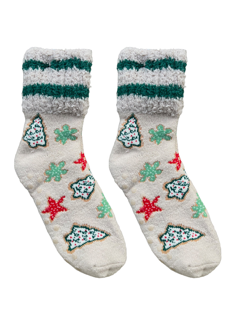 Assorted fluffy socks in Nordic, snowflake, and holiday patterns in pink, blue, grey, and green colors.