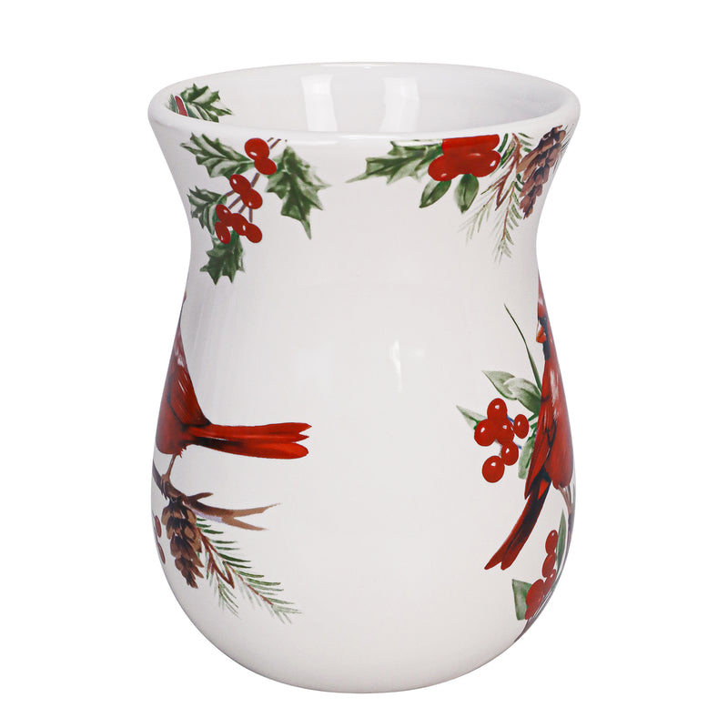 White ceramic mug with red cardinal perched on holly branches, curved body and comfort-grip handle.