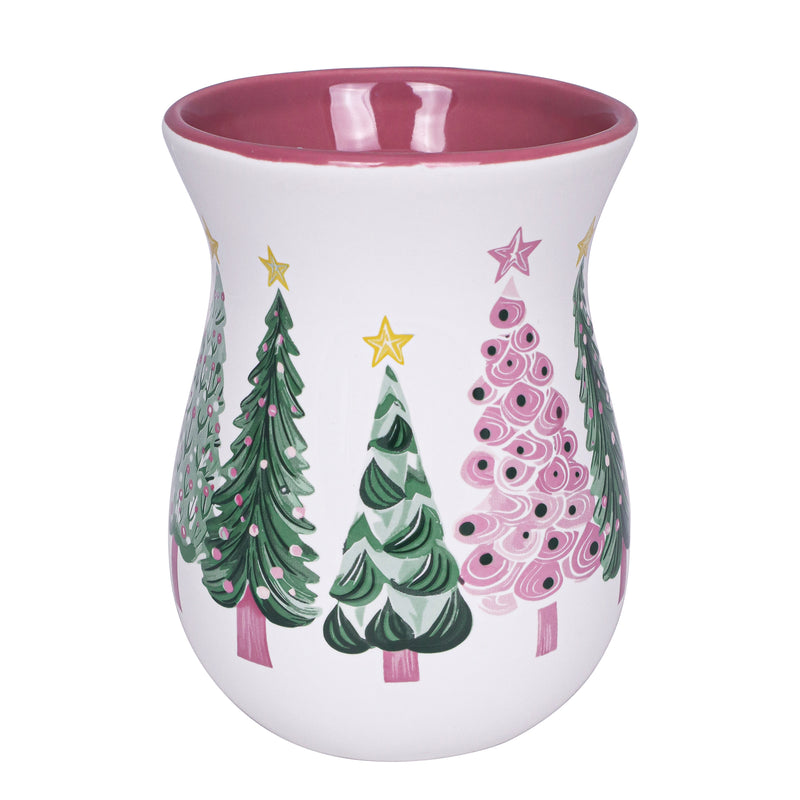 White ceramic mug with pink interior and pastel green and pink Christmas tree designs, flared body and handle.
