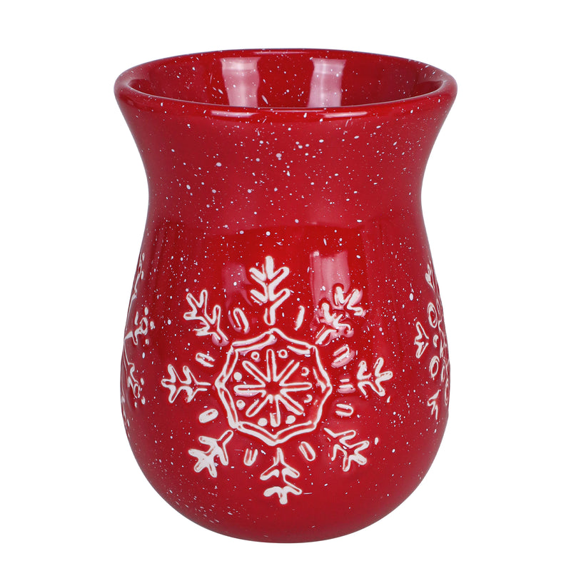 Cranberry red ceramic mug with white snowflake pattern and rounded body with large handle.