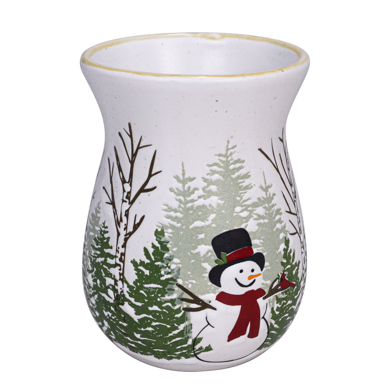 White ceramic mug with balsam and cedar tree artwork and a smiling snowman illustration, curved shape and handle.
