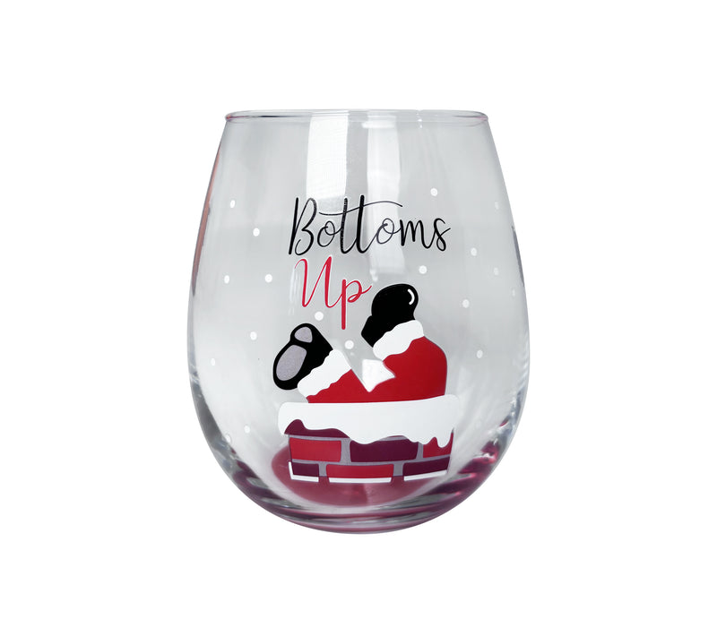Clear stemless wine glass with red and green “Merry and Bright” lettering and festive holiday accents.