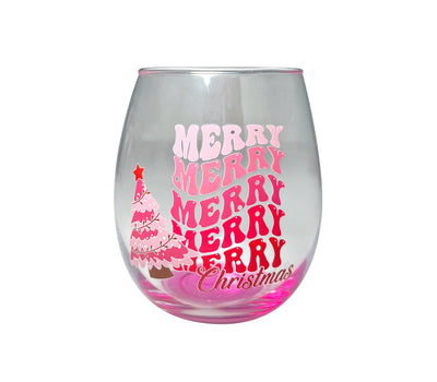 Clear stemless wine glass with red and green “Merry and Bright” lettering and festive holiday accents.
