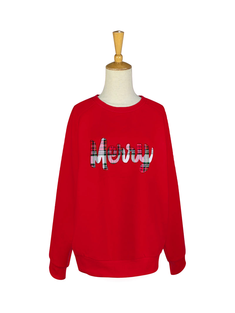 Bright red sweatshirt with white plaid “Merry” lettering across the chest, shown on mannequin.