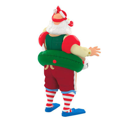Santa in snorkel mask, arm floaties, and striped socks, with reindeer swim tube and toy boat marked 2025, Hallmark Keepsake ornament
