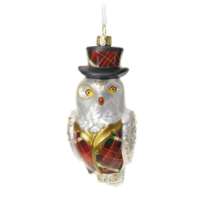 Hallmark Keepsake Dapper Owl glass ornament, owl in plaid vest, top hat, and monocle, with gold glitter accents.