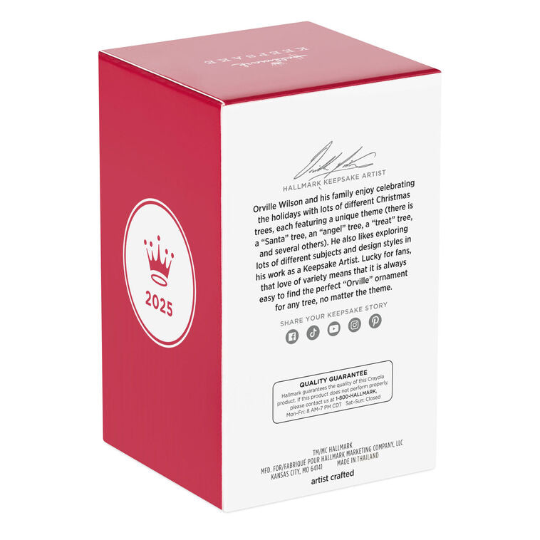 Crayola log cabin ornament made from brown crayons with yellow 8-count box roof, Hallmark Keepsake, holiday decor for kids or teachers.