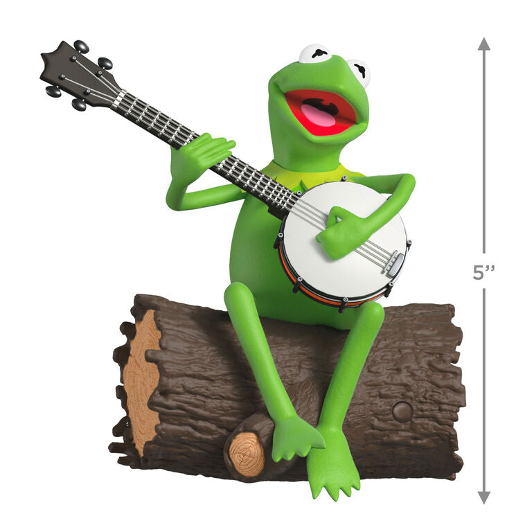 Kermit the Frog sitting on a log with a banjo, from The Muppets, musical Christmas ornament with motion.

