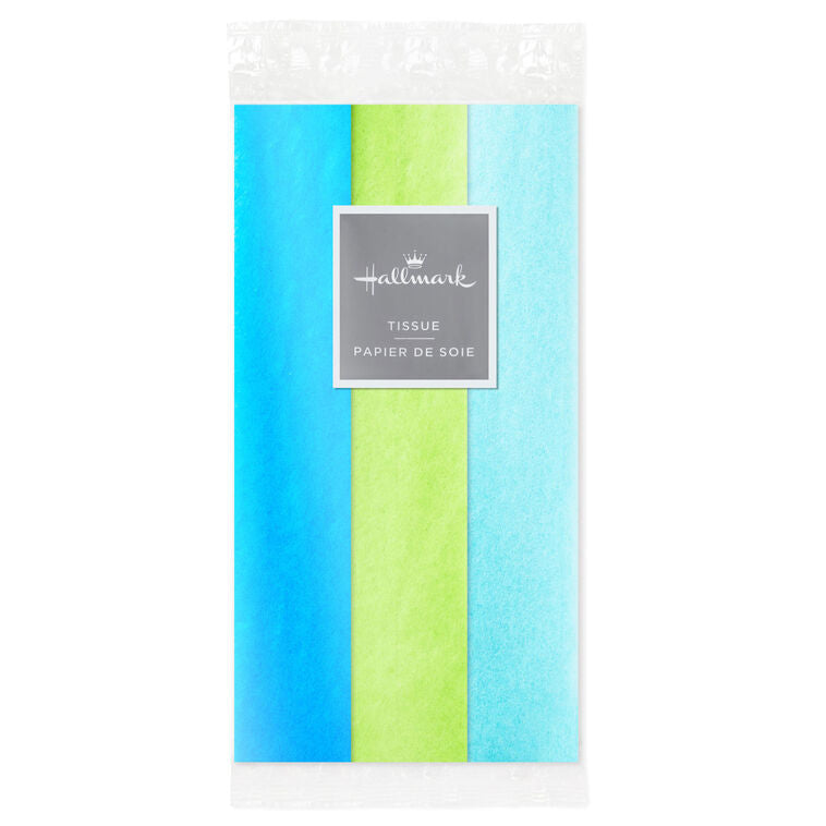 Hallmark tissue paper assortment with 12 sheets in solid blue, citrus green, and aqua for colorful gift wrap.