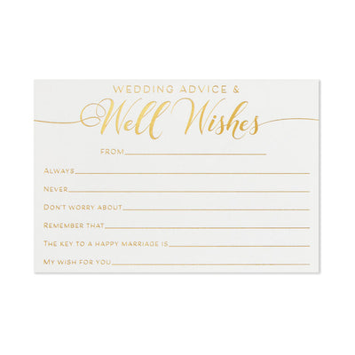 Wedding advice and well wishes note cards with gold foil lettering, includes 24 flat cards for special occasions.