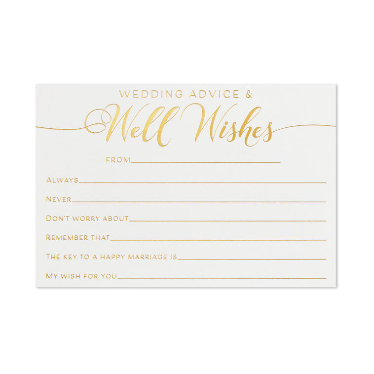 Wedding advice and well wishes note cards with gold foil lettering, includes 24 flat cards for special occasions.