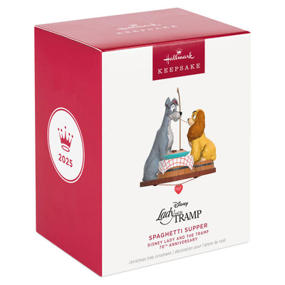 Lady and the Tramp 70th anniversary ornament featuring the Cocker Spaniel and stray dog sharing a spaghetti supper.

