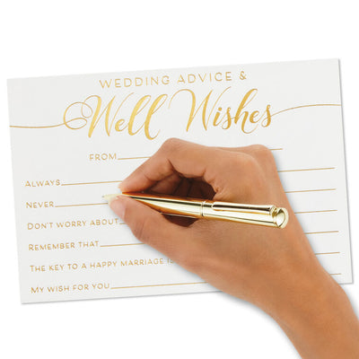 Wedding advice and well wishes note cards with gold foil lettering, includes 24 flat cards for special occasions.