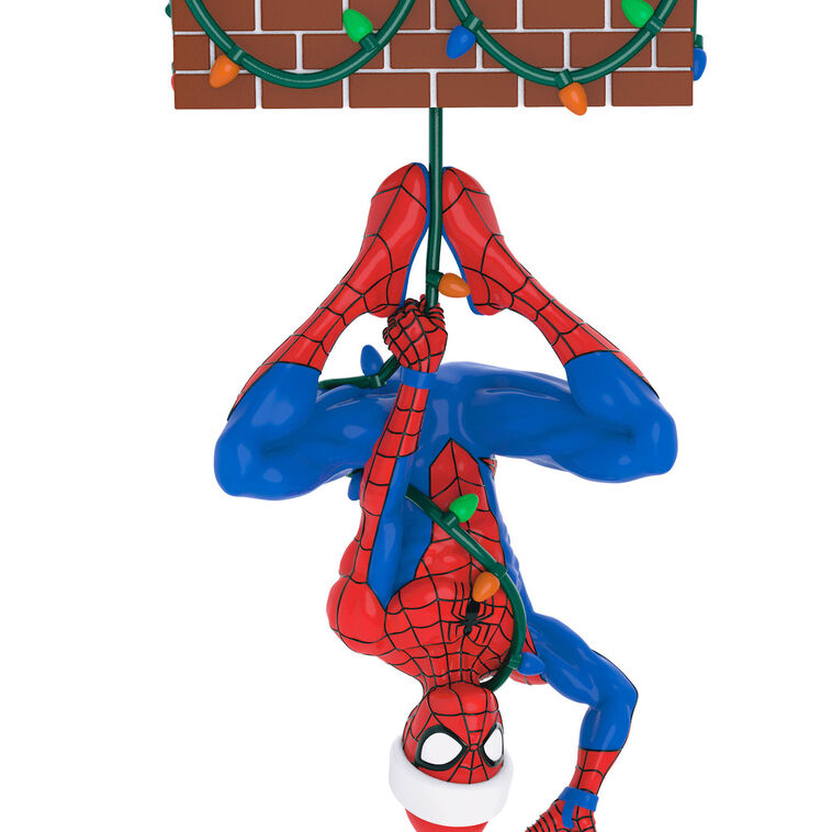 Spider-Man Peekbuster ornament, Marvel hero hanging upside down, motion-activated sound, Hallmark Keepsake, Christmas tree decoration.