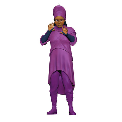 Hallmark Star Trek Guinan ornament—purple-robed bartender figurine from The Next Generation, holding hands up, inspired by Ten Forward
