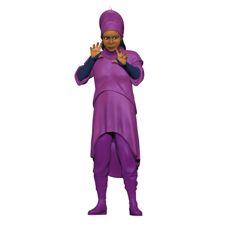Hallmark Star Trek Guinan ornament—purple-robed bartender figurine from The Next Generation, holding hands up, inspired by Ten Forward
