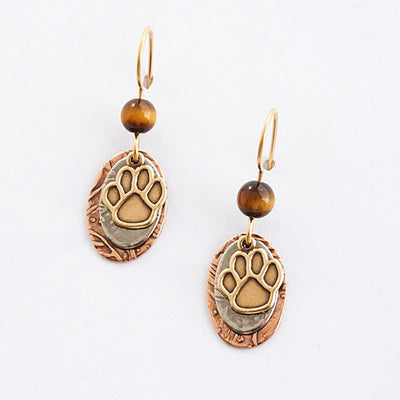 Tri-tone layered oval earrings with paw print and tiger's eye bead accent.
