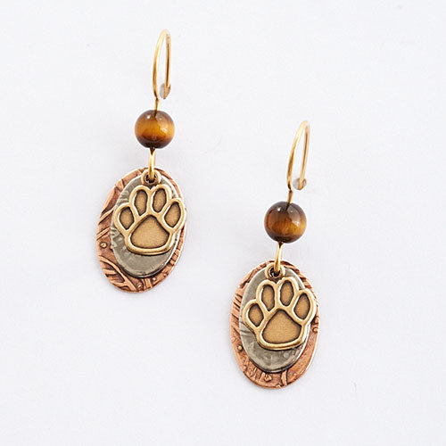 Tri-tone layered oval earrings with paw print and tiger&